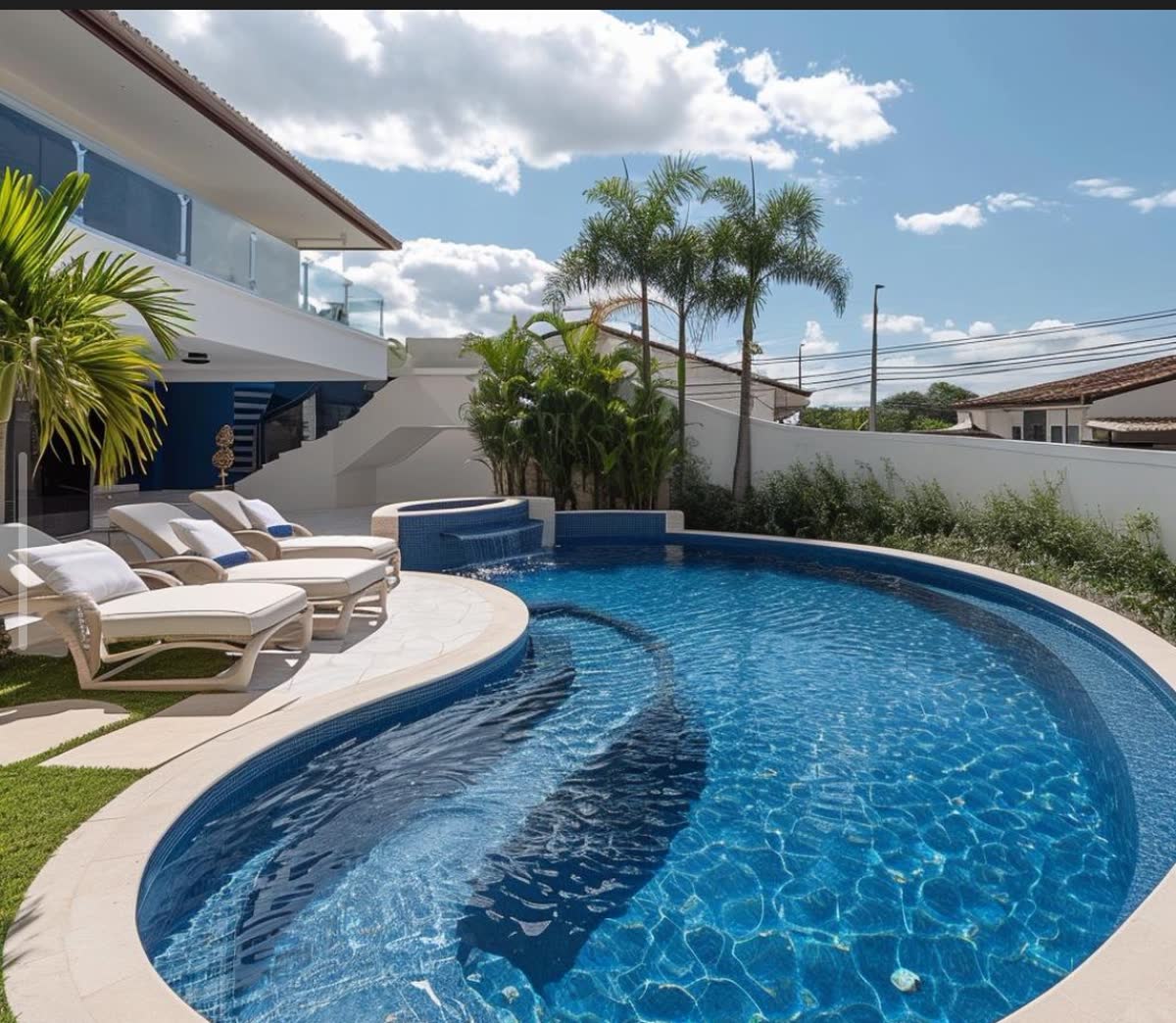 Piscina com espreguiçadeiras e palmeiras